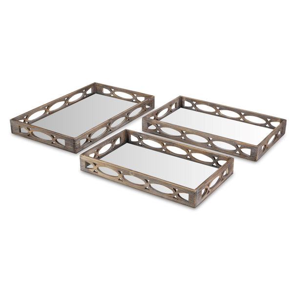 Homeroots Set Of Three Brown Rectangular Wood Mirror Serving Tray With Handles   483320