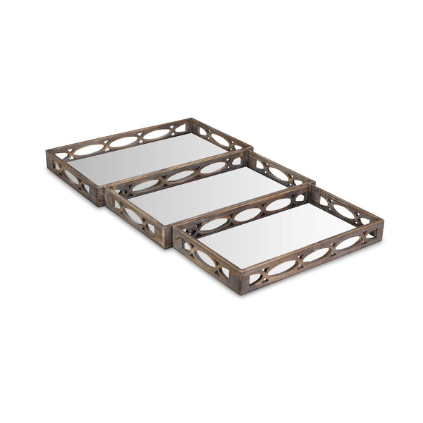 Homeroots Set Of Three Brown Rectangular Wood Mirror Serving Tray With Handles   483320