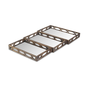 Homeroots Set Of Three Brown Rectangular Wood Mirror Serving Tray With Handles   483320