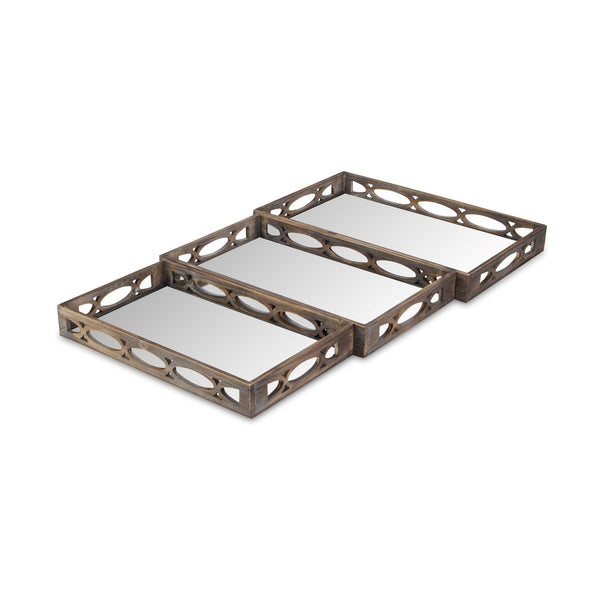 Homeroots Set Of Three Brown Rectangular Wood Mirror Serving Tray With Handles   483320