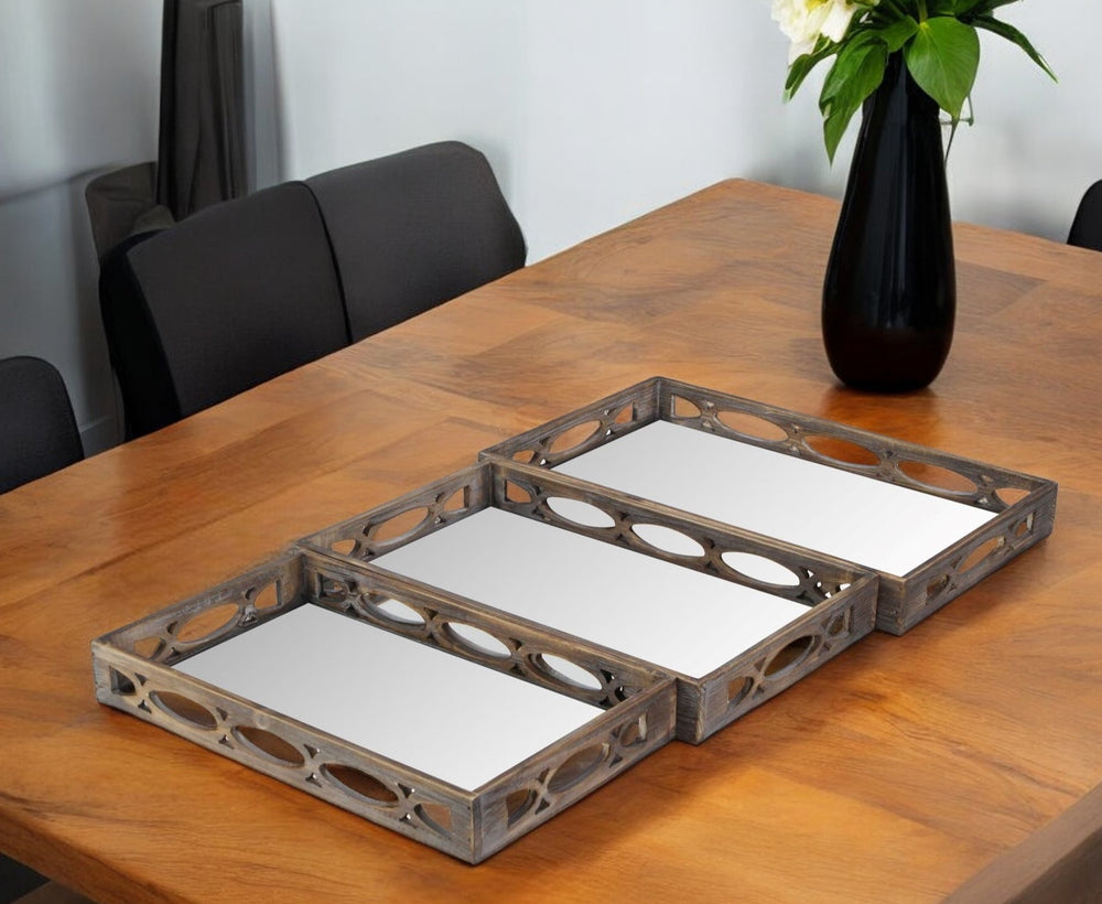 Homeroots Set Of Three Brown Rectangular Wood Mirror Serving Tray With Handles   483320