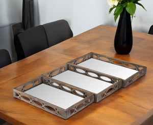 Homeroots Set Of Three Brown Rectangular Wood Mirror Serving Tray With Handles   483320