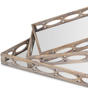 Homeroots Set Of Three Brown Rectangular Wood Mirror Serving Tray With Handles   483320