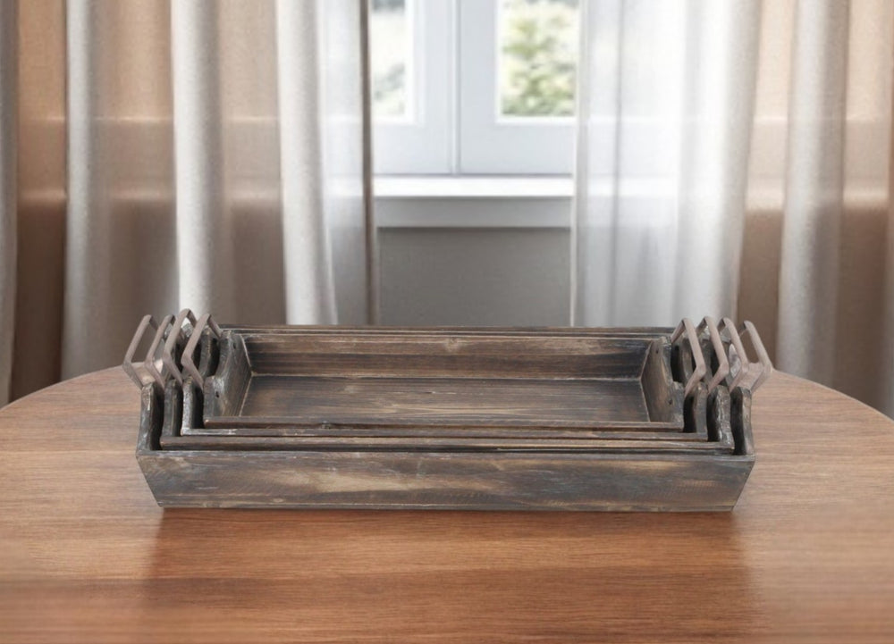 HomeRoots Set of Four Rustic Handmade Wooden Serving Trays with Metal Handles for Stylish Dining & Organizing 483321