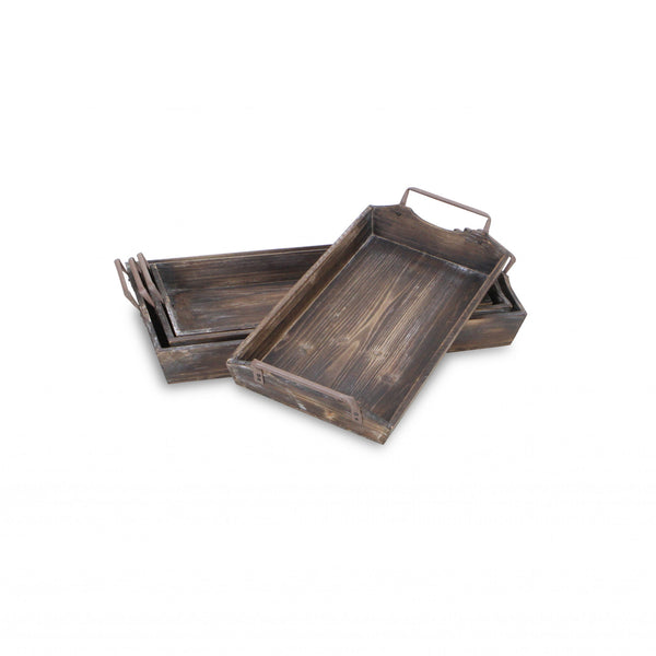 Homeroots Set Of Four Brown Wood Handmade Serving Tray With Handles   483321
