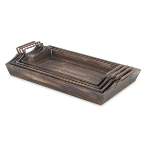 Homeroots Set Of Four Brown Wood Handmade Serving Tray With Handles   483321