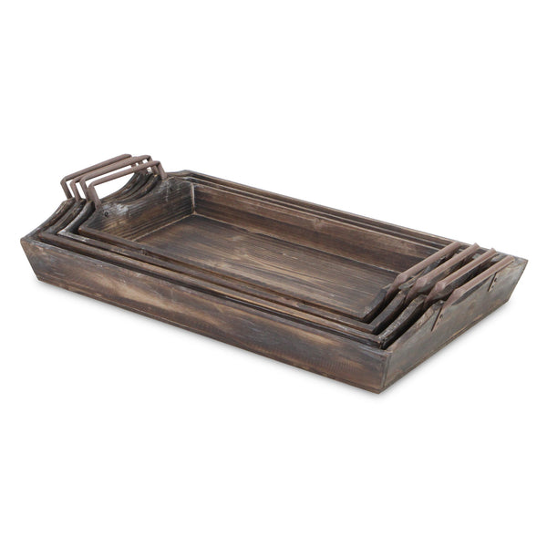 Homeroots Set Of Four Brown Wood Handmade Serving Tray With Handles   483321