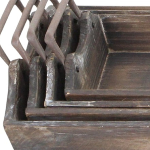 HomeRoots Set of Four Rustic Handmade Wooden Serving Trays with Metal Handles for Stylish Dining & Organizing 483321