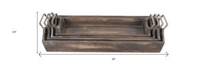 HomeRoots Set of Four Rustic Handmade Wooden Serving Trays with Metal Handles for Stylish Dining & Organizing 483321