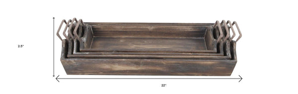 HomeRoots Set of Four Rustic Handmade Wooden Serving Trays with Metal Handles for Stylish Dining & Organizing 483321