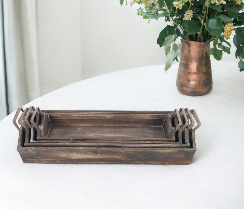 Homeroots Set Of Four Brown Wood Handmade Serving Tray With Handles   483321
