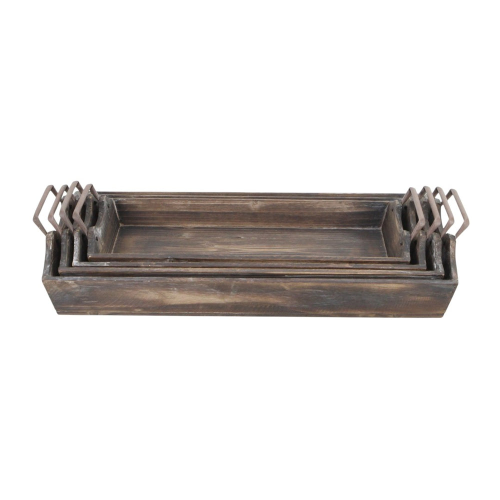 HomeRoots Set of Four Rustic Handmade Wooden Serving Trays with Metal Handles for Stylish Dining & Organizing 483321
