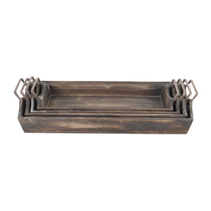 HomeRoots Set of Four Rustic Handmade Wooden Serving Trays with Metal Handles for Stylish Dining & Organizing 483321