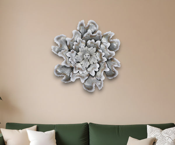 Homeroots 27" X 27" Gray And Off White Galvanized Metal Flower Hanging Dimensional Sculpture  Metal 483329