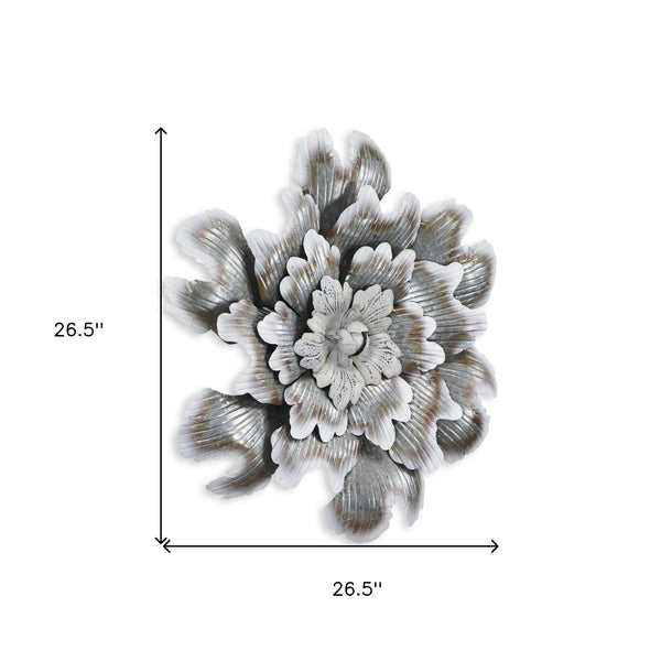 Homeroots 27" X 27" Gray And Off White Galvanized Metal Flower Hanging Dimensional Sculpture  Metal 483329