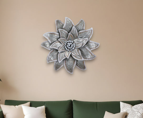 Homeroots 27" X 27" Gray And Off White Galvanized Metal Flower Hanging Dimensional Sculpture  Galvanized Metal 483330