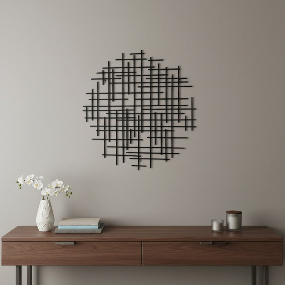 HomeRoots 30" Black Metal Abstract Lines Round Sculpture - Handmade Geometric Wall Art for Modern Spaces 483370