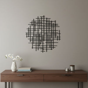 HomeRoots 30" Black Metal Abstract Lines Round Sculpture - Handmade Geometric Wall Art for Modern Spaces 483370