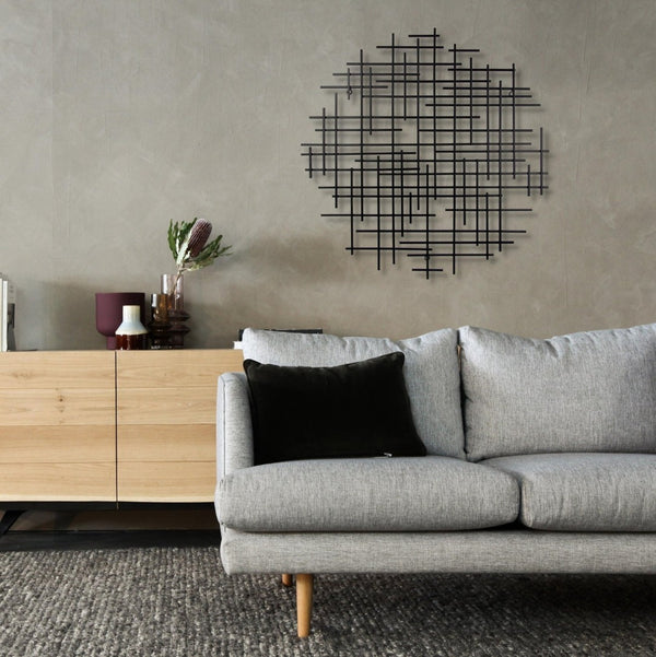 HomeRoots 30" Black Metal Abstract Lines Round Sculpture - Handmade Geometric Wall Art for Modern Spaces 483370