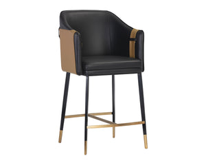 Sunpan Carter Barrel Back Barstool in Faux Leather with Black Steel Legs and Copper Foot Caps for Elegance Napa Black / Napa Cognac