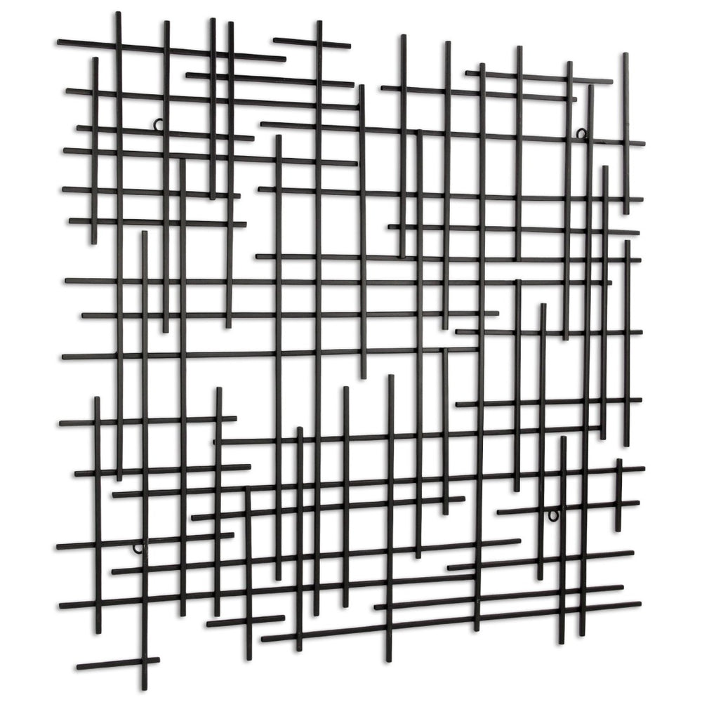 HomeRoots 30" Black Metal Abstract Lines Wall Sculpture – Handmade Dimensional Art for Modern Home Decor 483376