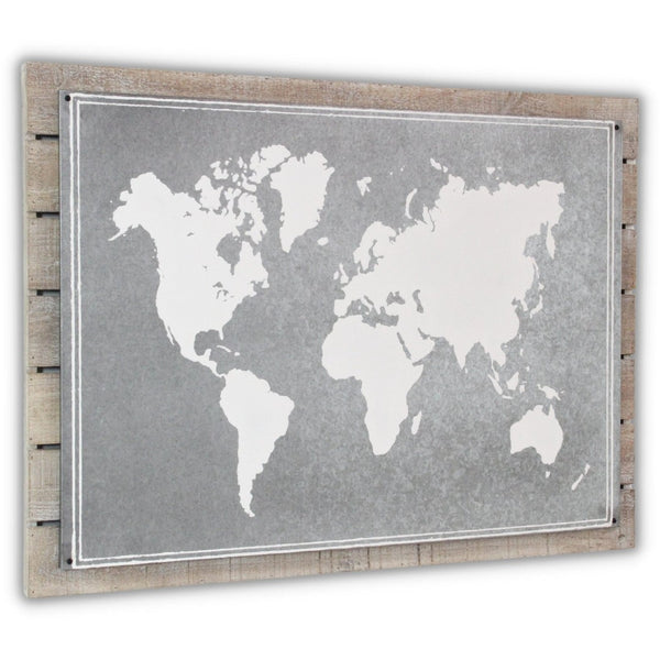 HomeRoots 25" Rustic Wood and Metal World Map Wall Art - Handcrafted Dimensional Sculpture for Unique Decor 483379
