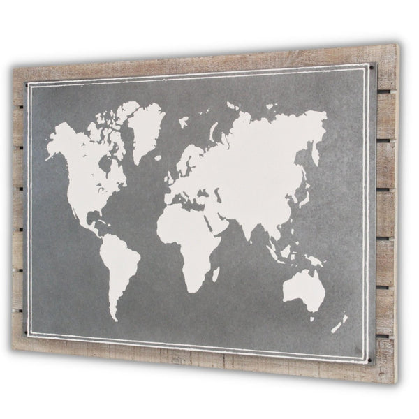 HomeRoots 25" Rustic Wood and Metal World Map Wall Art - Handcrafted Dimensional Sculpture for Unique Decor 483379