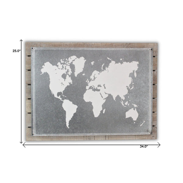 HomeRoots 25" Rustic Wood and Metal World Map Wall Art - Handcrafted Dimensional Sculpture for Unique Decor 483379