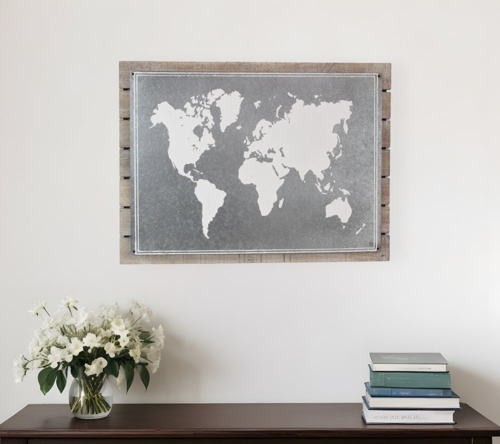 HomeRoots 25" Rustic Wood and Metal World Map Wall Art - Handcrafted Dimensional Sculpture for Unique Decor 483379
