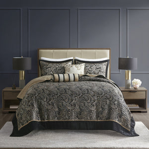 English Elm 5 Piece Aubrey Reversible Jacquard Bedspread Set King with Paisley Motif, Gold Sheen, Quilted Elegance Black 22.83 L x 18.11 W x 8.27 H B03597642