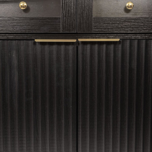 English Elm 71" Fluted Tall Arched Pantry Cabinet with Tempered Glass Door, Adjustable Shelves, Silent Drawer, Anti-Tip Safety and Stylish Metal Handles for Kitchen Living Dining Black W2917P384705