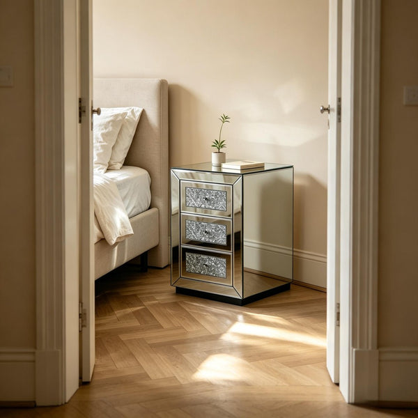 English Elm 3-drawer Mirrored Nightstand with Glitter Glam Silver Finish for Bedroom or Entryway W3935P462091
