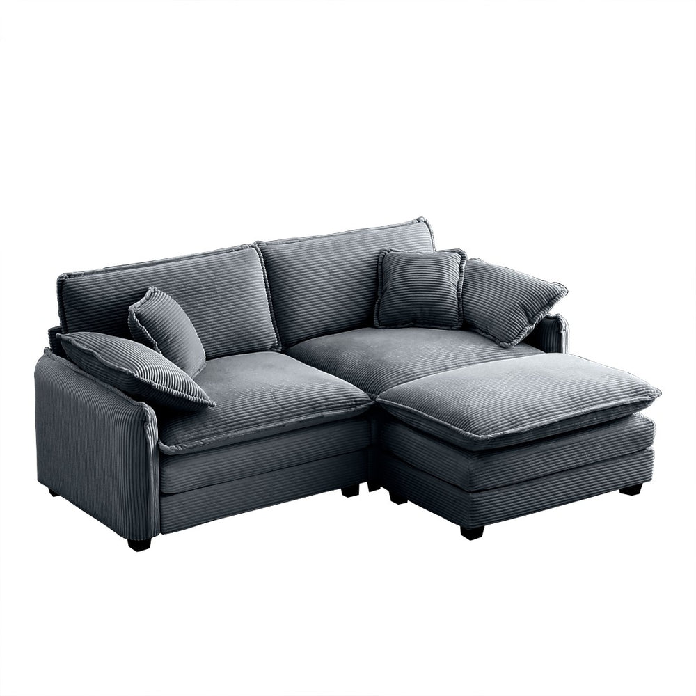 English Elm Two-Seater L-Shaped Sofa With Ottoman, Grey Corduroy, Retro Comfort For Small Spaces & Cozy Living Rooms W714S00750-GIGA