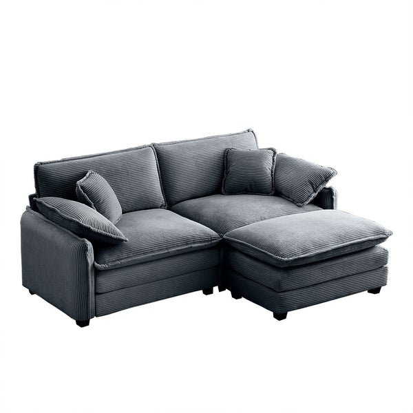 English Elm Two-Seater L-Shaped Sofa With Ottoman, Grey Corduroy, Retro Comfort For Small Spaces & Cozy Living Rooms W714S00750-GIGA
