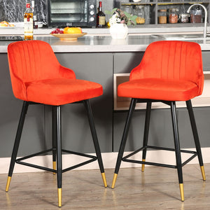 Homeroots Set Of Two 25" Orange And Black And Gold Steel Swivel Low Back Counter Height Bar Chairs   483442