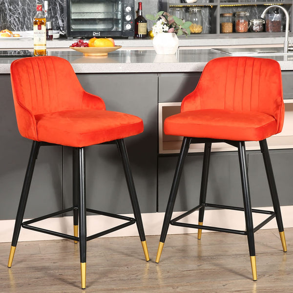 Homeroots Set Of Two 25" Orange And Black And Gold Steel Swivel Low Back Counter Height Bar Chairs   483442