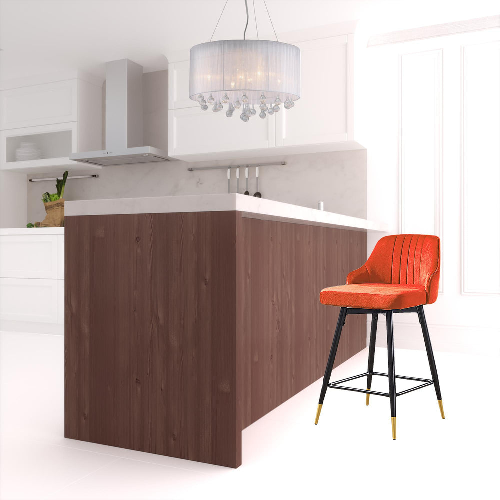 Homeroots Set Of Two 25" Orange And Black And Gold Steel Swivel Low Back Counter Height Bar Chairs   483442