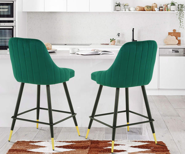 Homeroots Set Of Two 25" Green And Black And Gold Steel Swivel Low Back Counter Height Bar Chairs   483443