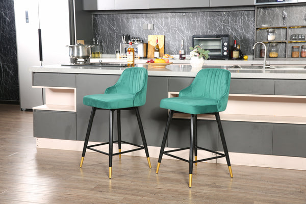 Homeroots Set Of Two 25" Green And Black And Gold Steel Swivel Low Back Counter Height Bar Chairs   483443