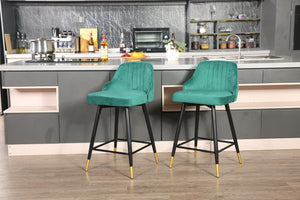 Homeroots Set Of Two 25" Green And Black And Gold Steel Swivel Low Back Counter Height Bar Chairs   483443