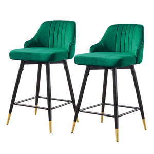 Homeroots Set Of Two 25" Green And Black And Gold Steel Swivel Low Back Counter Height Bar Chairs   483443