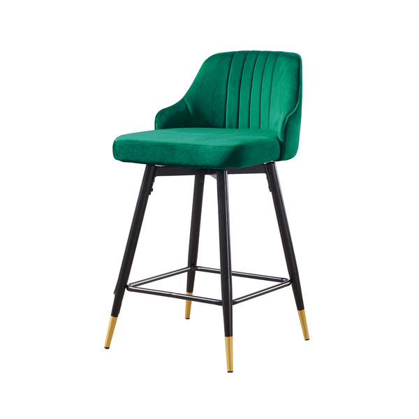 Homeroots Set Of Two 25" Green And Black And Gold Steel Swivel Low Back Counter Height Bar Chairs   483443