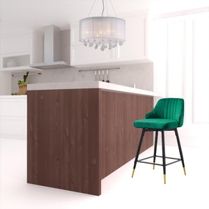 Homeroots Set Of Two 25" Green And Black And Gold Steel Swivel Low Back Counter Height Bar Chairs   483443