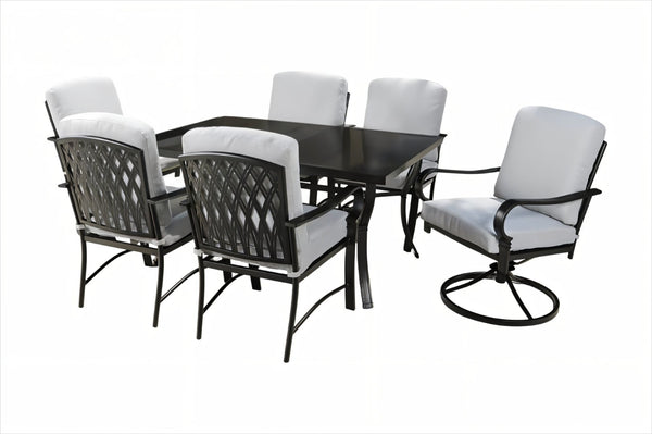 HomeRoots Seven Piece Black Steel Dining Set with 6 Chairs - Modern Outdoor Style for Effortless Entertaining 483454