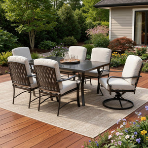 HomeRoots Seven Piece Black Steel Dining Set with 6 Chairs - Modern Outdoor Style for Effortless Entertaining 483454