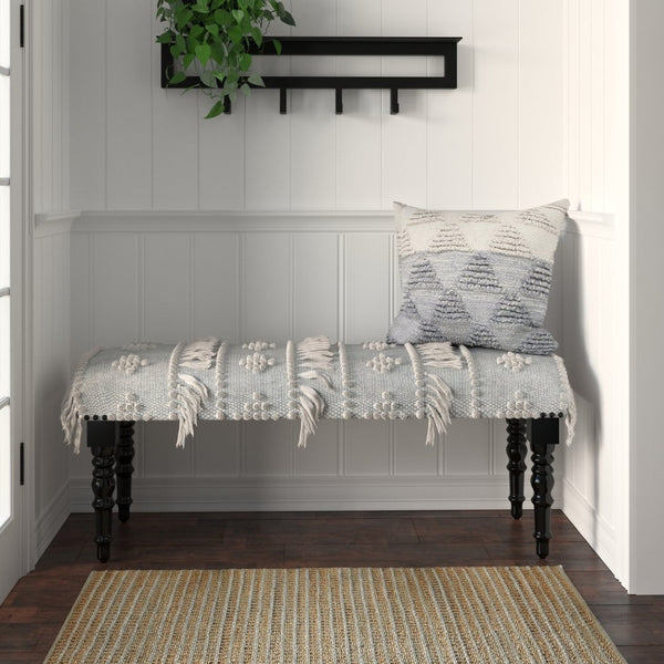 HomeRoots 47" Cream and Black Upholstered Bench with Bohemian Charm, Tassels, and Durable Design for Any Space 483463