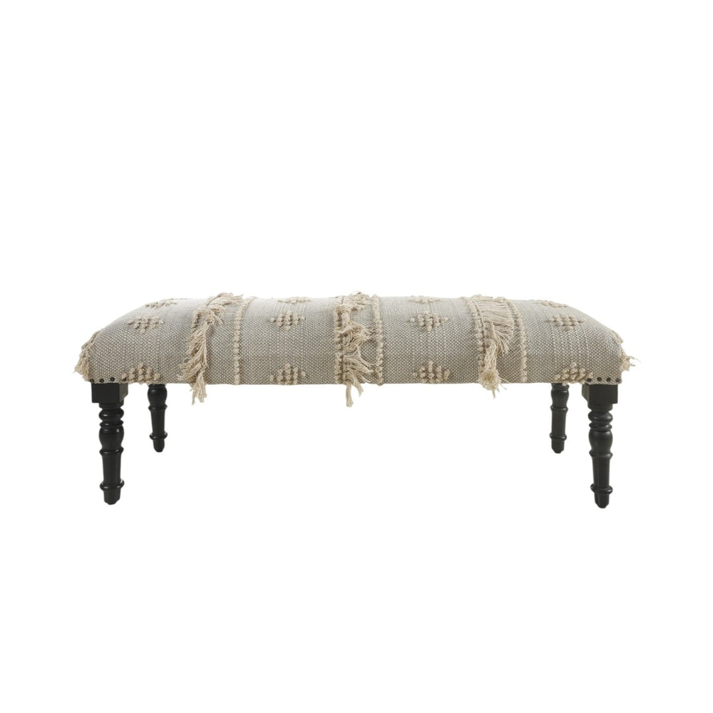 HomeRoots 47" Cream and Black Upholstered Bench with Bohemian Charm, Tassels, and Durable Design for Any Space 483463
