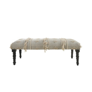 HomeRoots 47" Cream and Black Upholstered Bench with Bohemian Charm, Tassels, and Durable Design for Any Space 483463