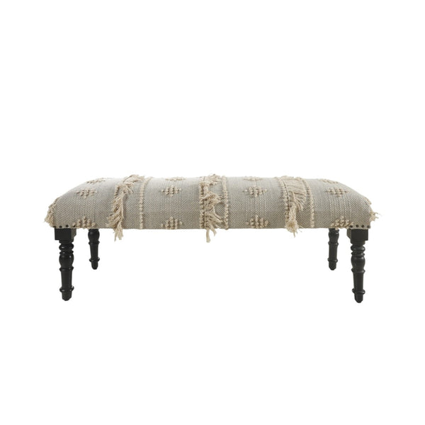 HomeRoots 47" Cream and Black Upholstered Bench with Bohemian Charm, Tassels, and Durable Design for Any Space 483463