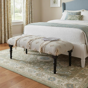 HomeRoots 47" Cream and Black Upholstered Bench with Bohemian Charm, Tassels, and Durable Design for Any Space 483463